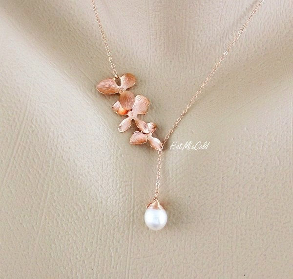 Lariat Orchid necklace - personalized silver orchid necklace with pearl - flower necklace - Bridal shops Jewelry - Mother Necklace