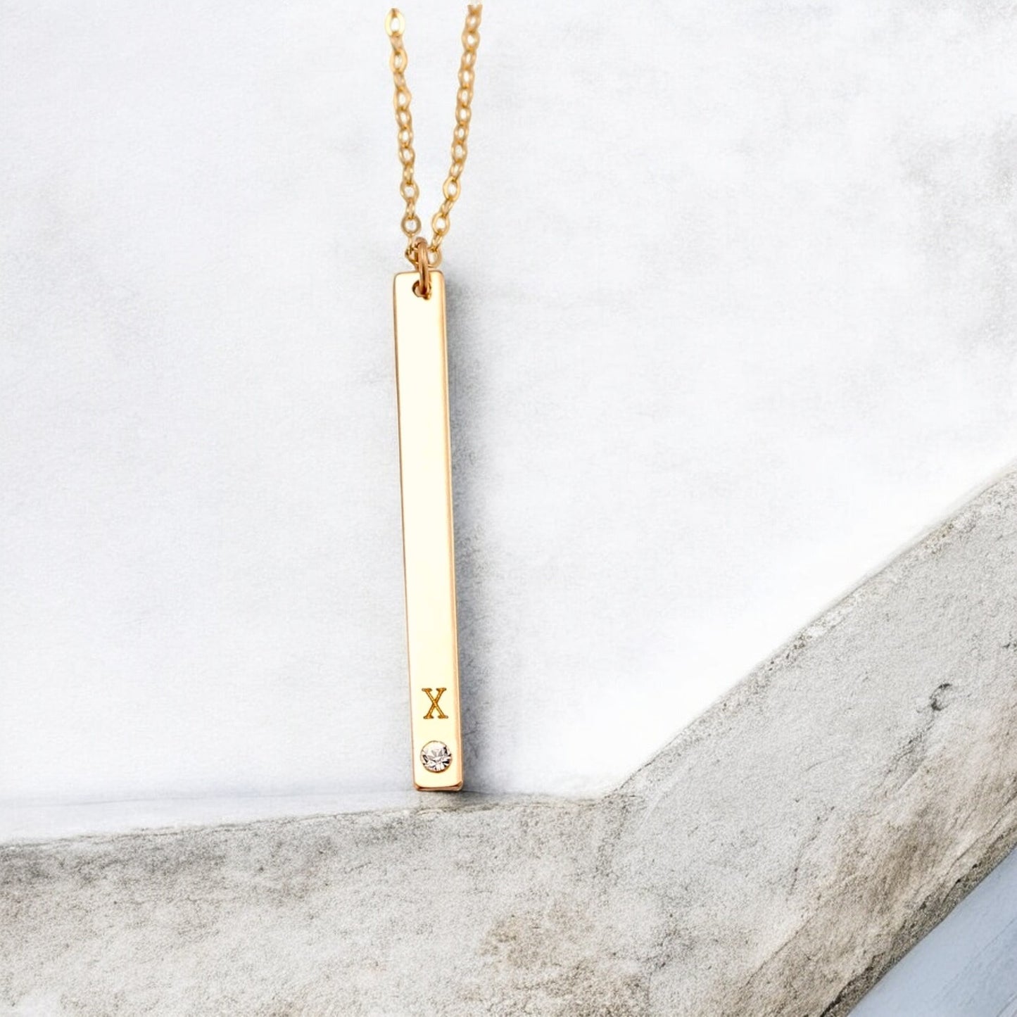 Long Skinny Vertical Bar Necklace With Crystal Diamond