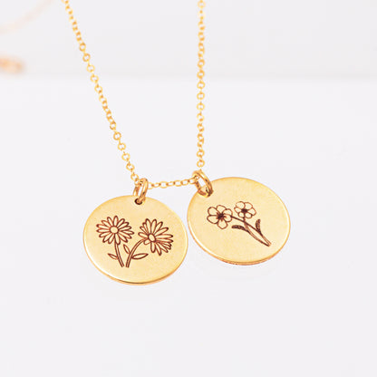 Birth Month Flower Necklace with Custom Engraving, 5/8" Disc