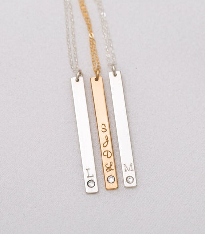 Long Skinny Vertical Bar Necklace With Crystal Diamond