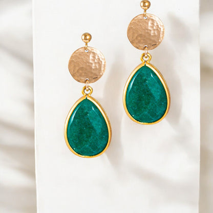 Teardrop Trimmed Emerald Stone Stud Earrings