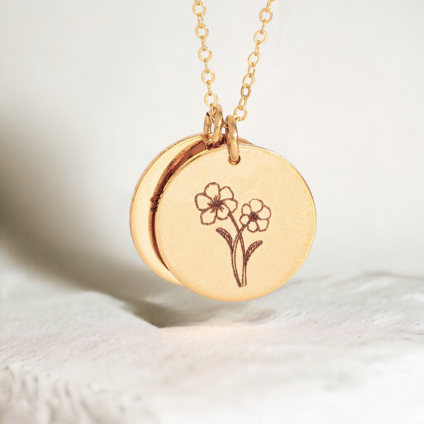 Birth Month Flower Necklace with Custom Engraving, 5/8" Disc