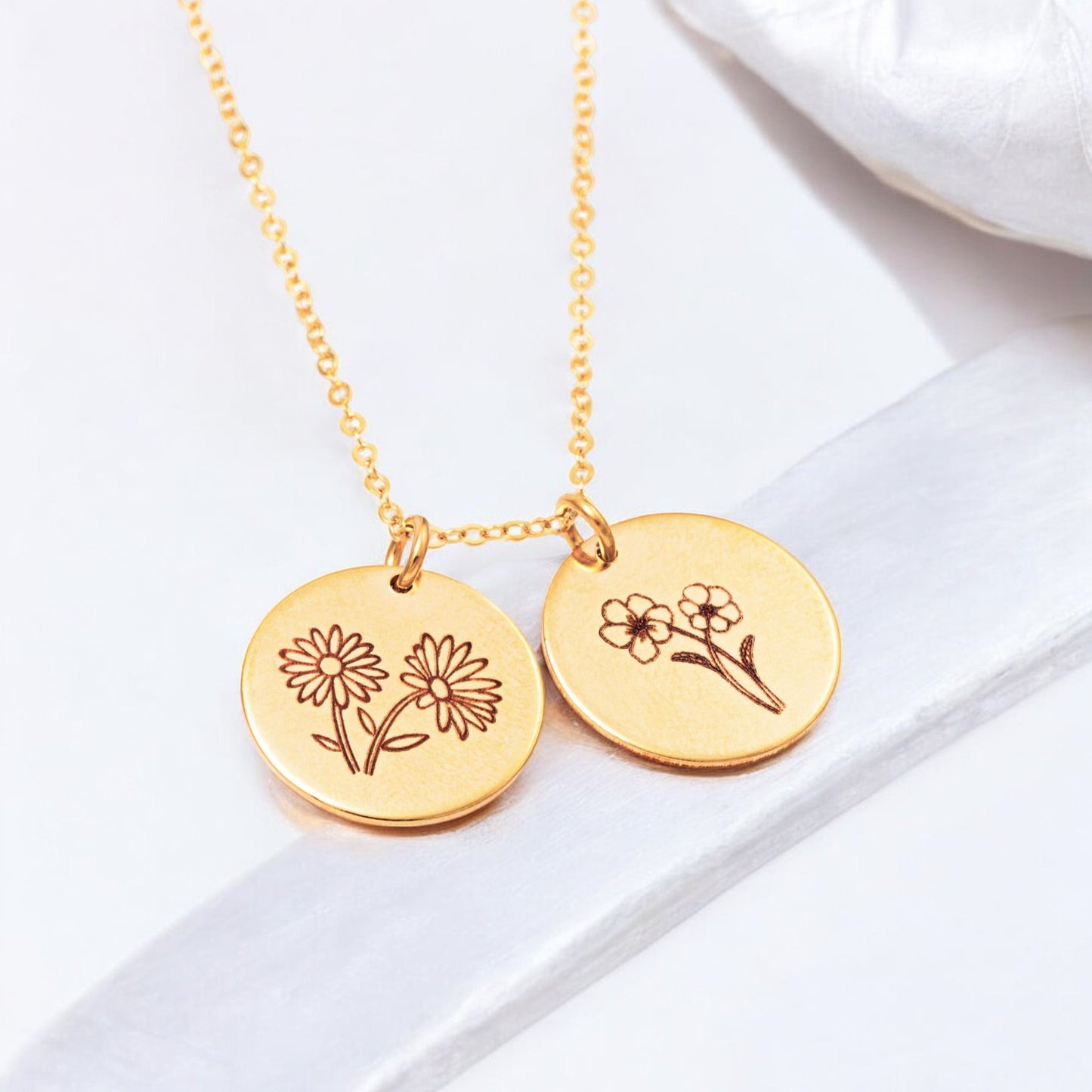 Birth Month Flower Necklace with Custom Engraving, 5/8" Disc