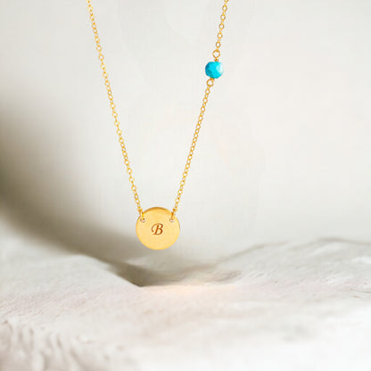 Initial Disc and Gemstone Necklace, 7/16" Disc