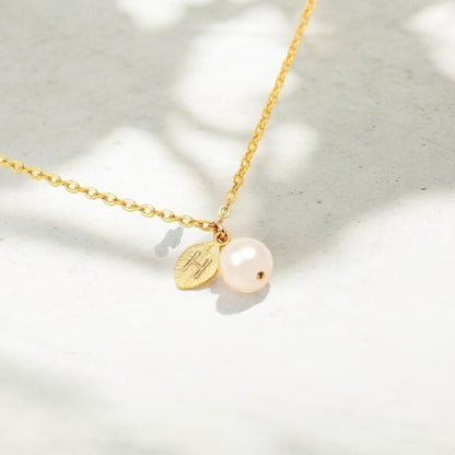 Initial Leaf Pendant Charm Pearl Necklace