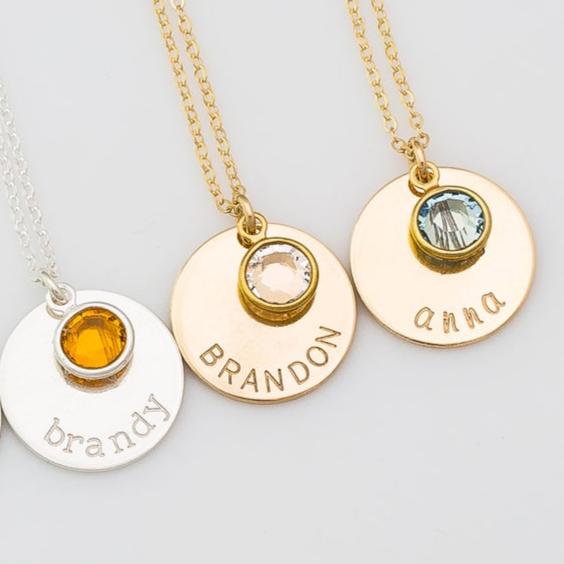 Custom Name Necklace with Birthstone, 5/8" Disc