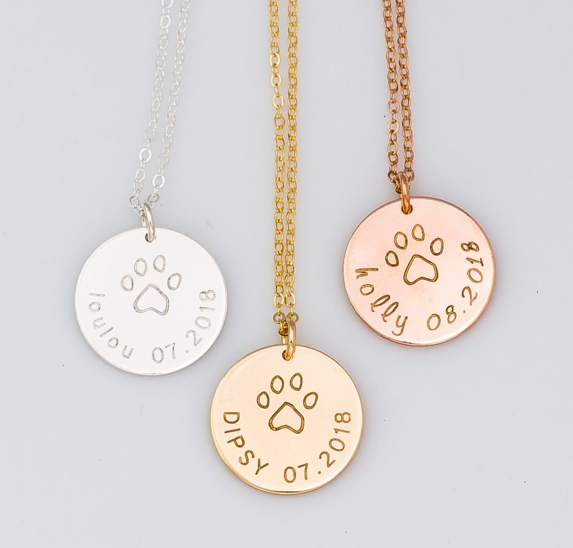 Name and Date Dog Paw Necklace, 5/8" Disc