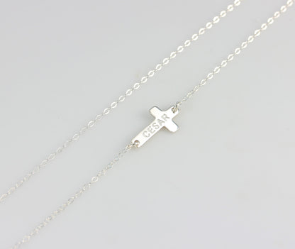 Silver Sideways Cross Engraved Necklace